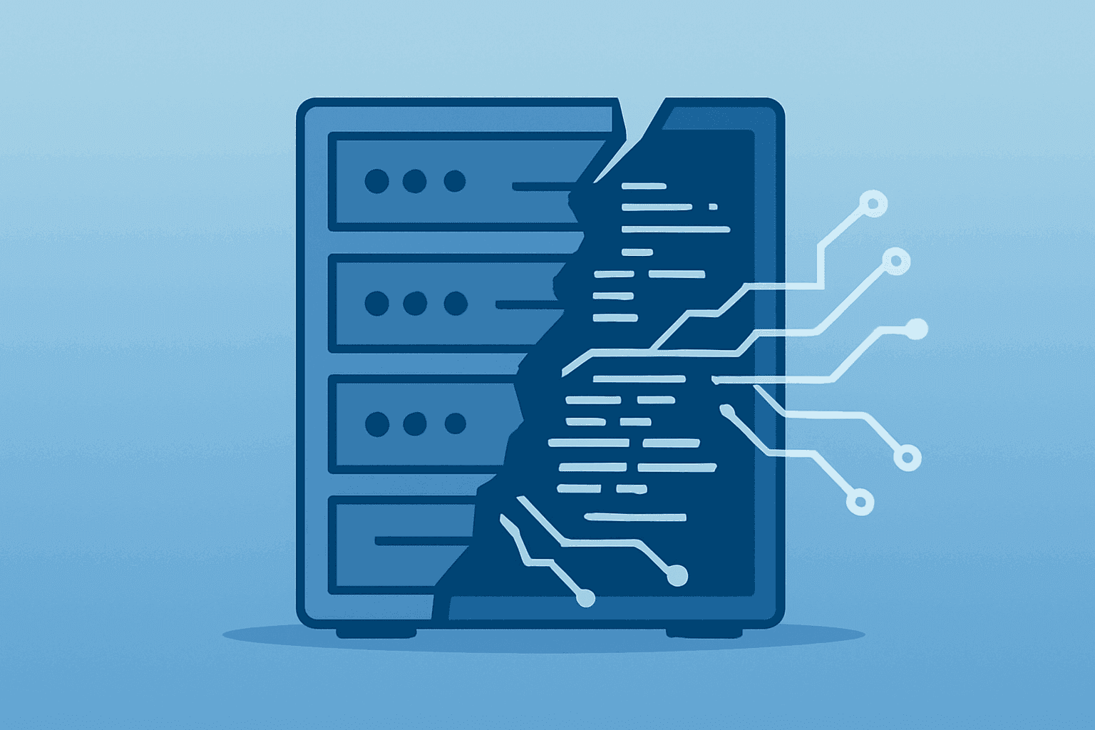 Flat-vector server shell fractured to reveal lines of code, symbolizing Anthropic Mythos security preview and partners.