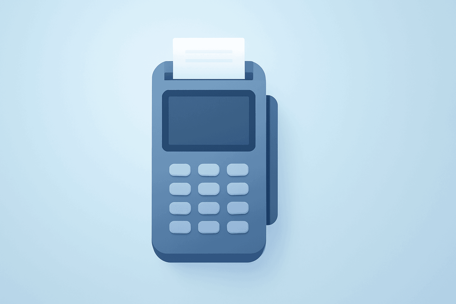 Flat filled vector of a retail checkout terminal with a dimming screen symbolizing Walmart layoffs and tech team consolidation.