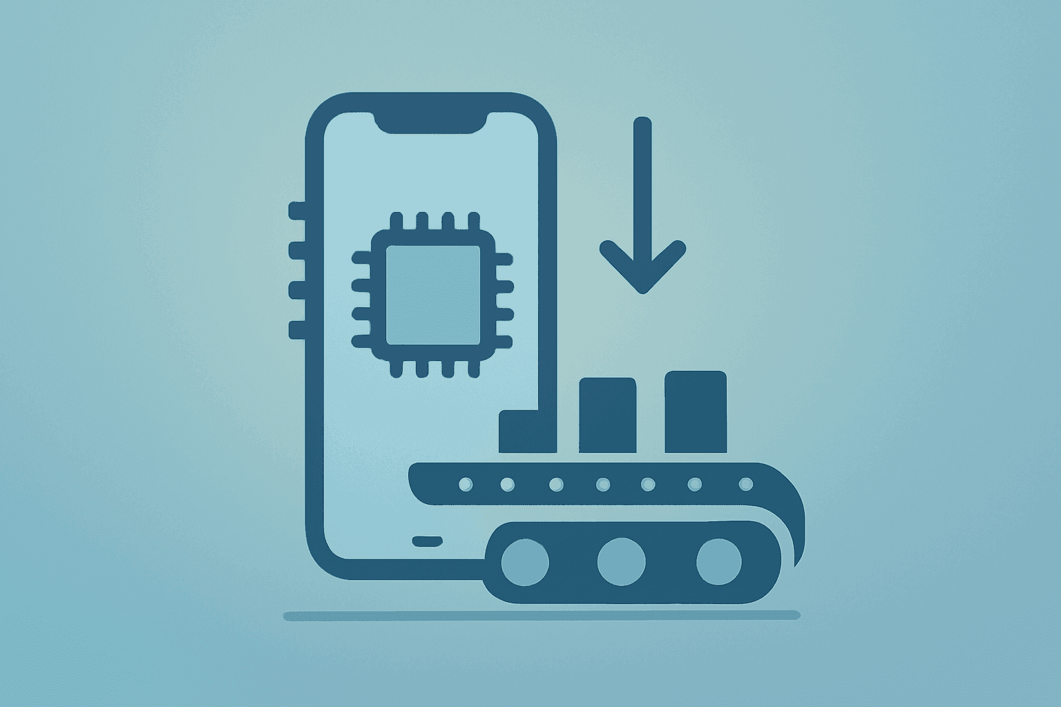 Flat-vector smartphone chip merged with a dimming assembly line to illustrate Apple cuts iPhone 18 Pro orders and strain.
