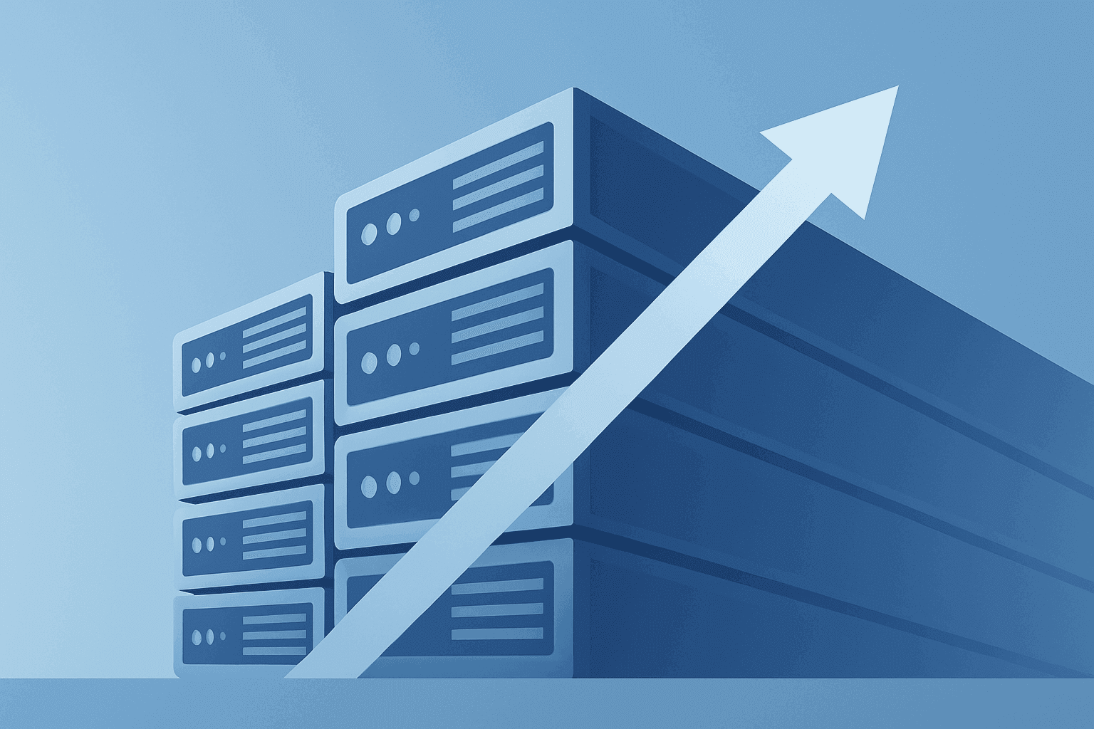 Flat filled vector of a server bank surging forward to symbolize Nebius Q1 results and AI cloud growth with shadow lift.